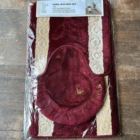 Burgundy 3pc Bathmat Set Non-Slip Absorbent mat -contour Rugs, Toilet cover - Picture 2 of 13